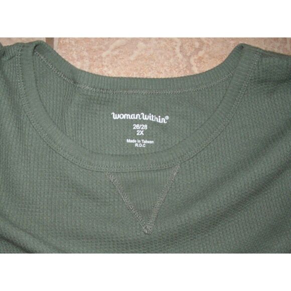 WOMAN WITHIN Olive Green Plus Sz 26/28 Stretchy Waffle Knit Thermal Comfy Shirt - Picture 3 of 3